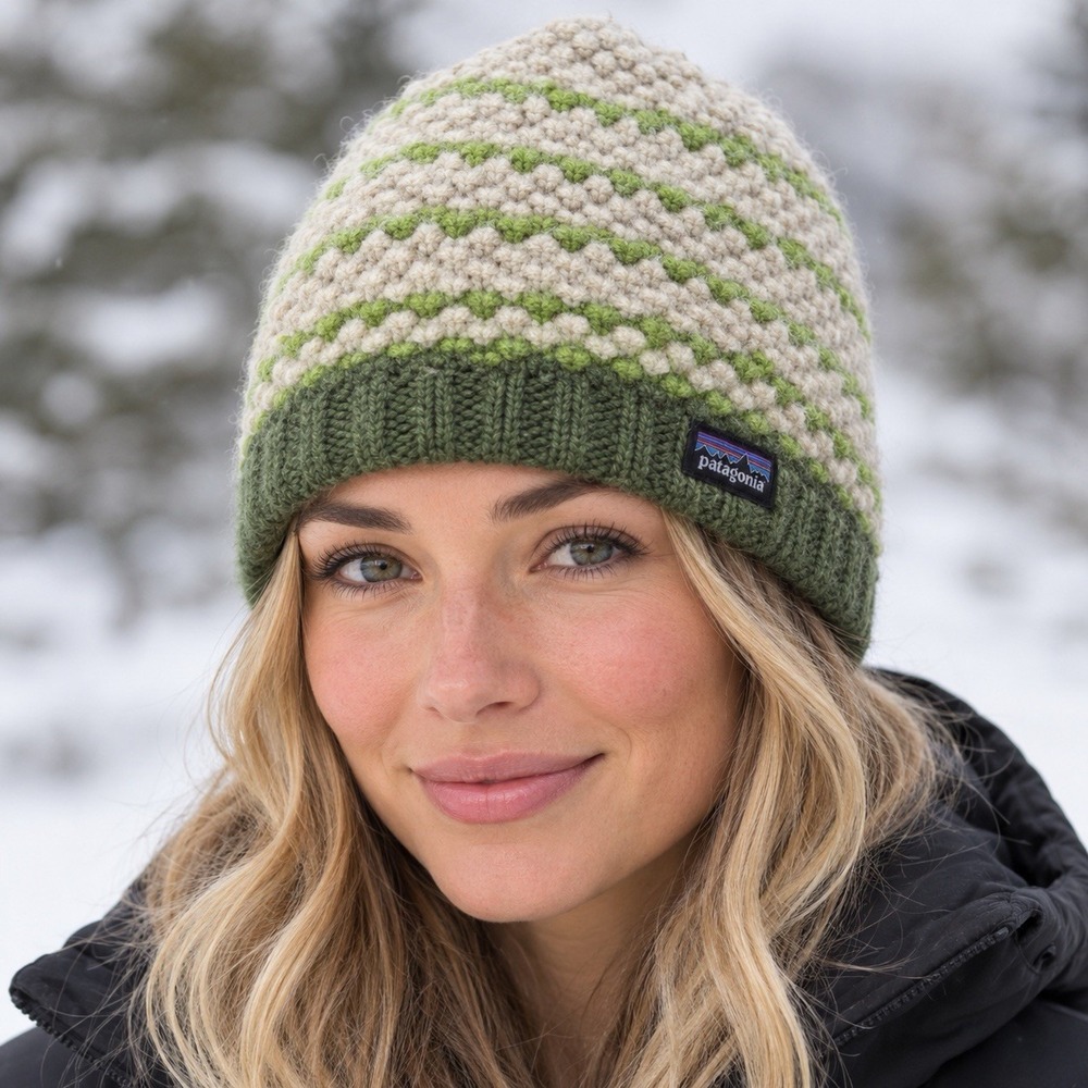 Patagonia Womens Beanie Beatrice Hat Wool Fleece Lined Toque Striped Green Cream